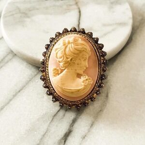 Vintage Graziano Pink Cameo Brooch | Gold Tone Lady Portrait Pin | Victorian